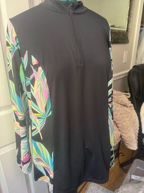 torrid Black Long Sleeve Swim Top with Multicolor Tropical Print